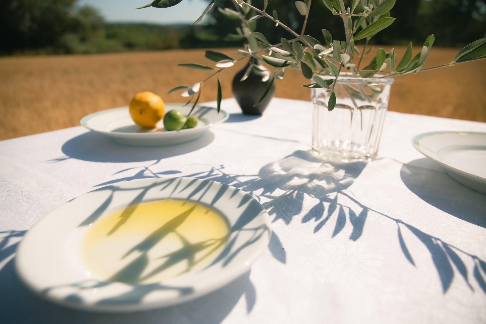Huile d'olive de Provence servie dans une assiette, sur une table en plein champ